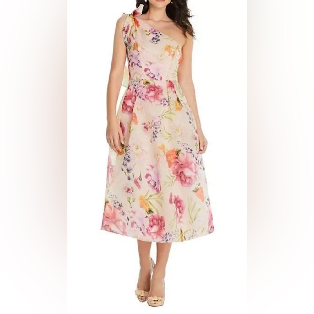 Alfred Sung Scarf-Tie One-Shoulder Floral Organdy Midi Dress